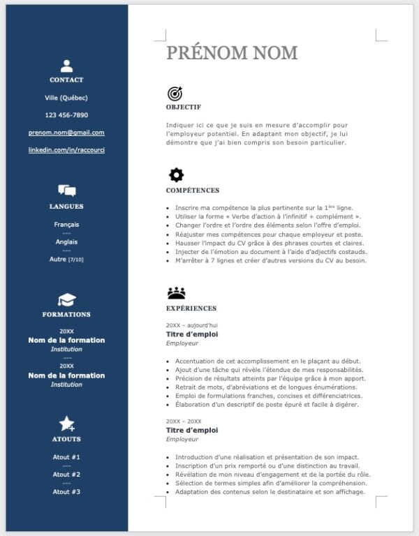 Modèle de CV — L'efficace bleu — 1 page