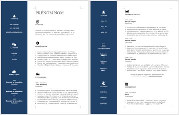 Modèle de CV — L'Efficace bleu — 2 pages
