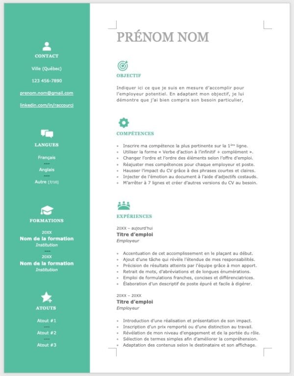 Modèle de CV — L'efficace vert — 1 page