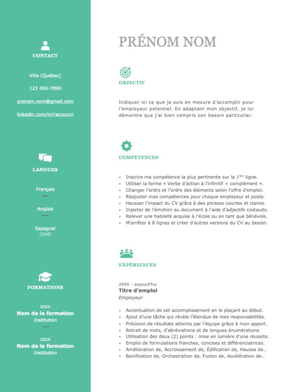 Modèle de CV — L'efficace vert — Page #1