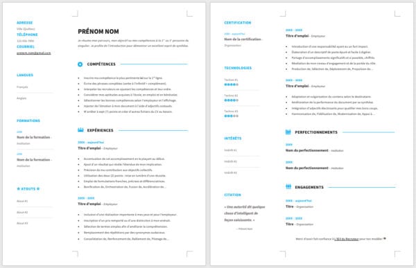 Modèle de CV — L'élégant bleu — 2 pages