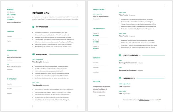 Modèle de CV — L'élégant vert — 2 pages