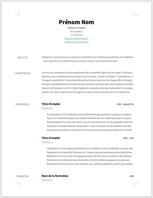 Modèle de CV — L'épuré vert — 1 page