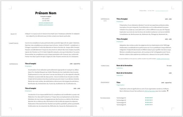 Modèle de CV — L'épuré vert — 2 pages