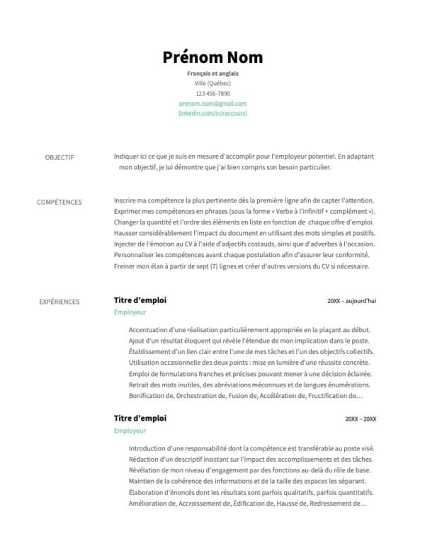 Modèle de CV — L'épuré vert — Page #1