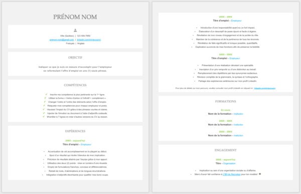 Modèle de CV — Le centré bleu et vert — 2 pages