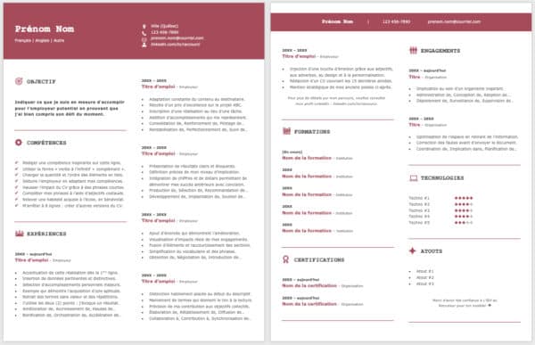 Modèle de CV — Le techno rouge — 2 pages