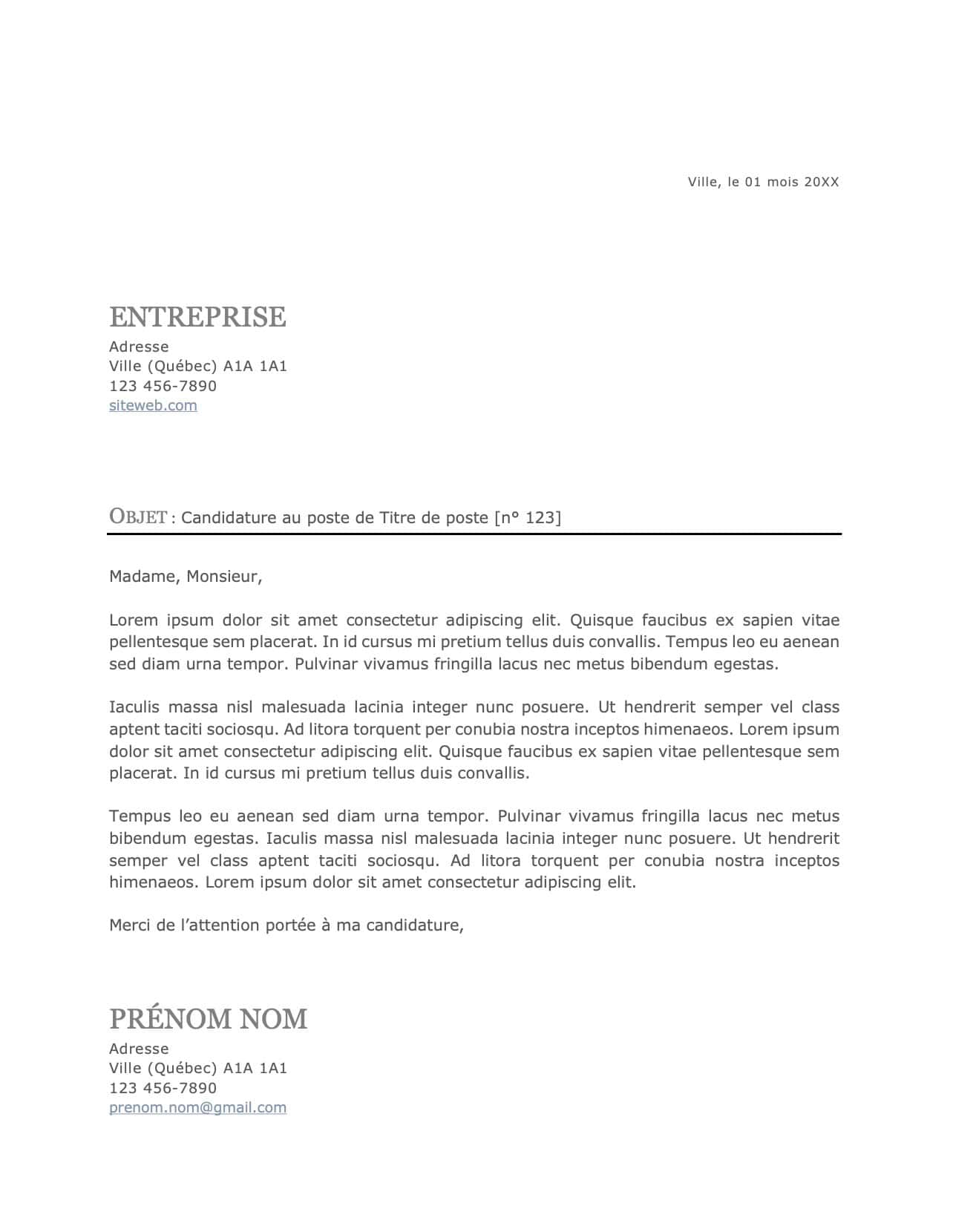 Exemple d'une lettre de présentation courte (environ 150 mots).