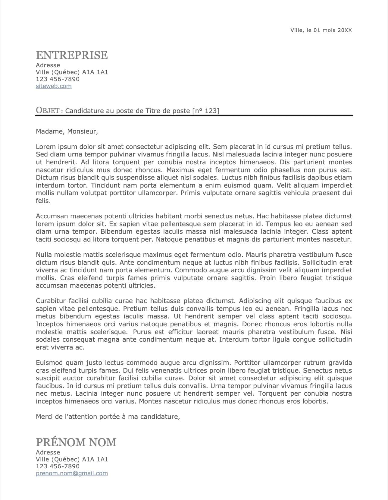 Exemple d'une lettre de présentation longue (environ 400 mots).