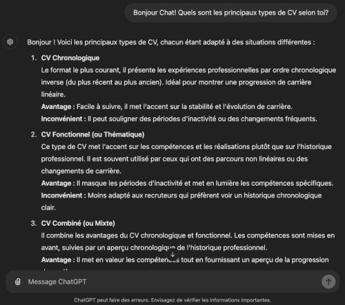 ChatGPT indique quant à lui le CV chronologique, fonctionnel, mixte, par projet et vidéo.